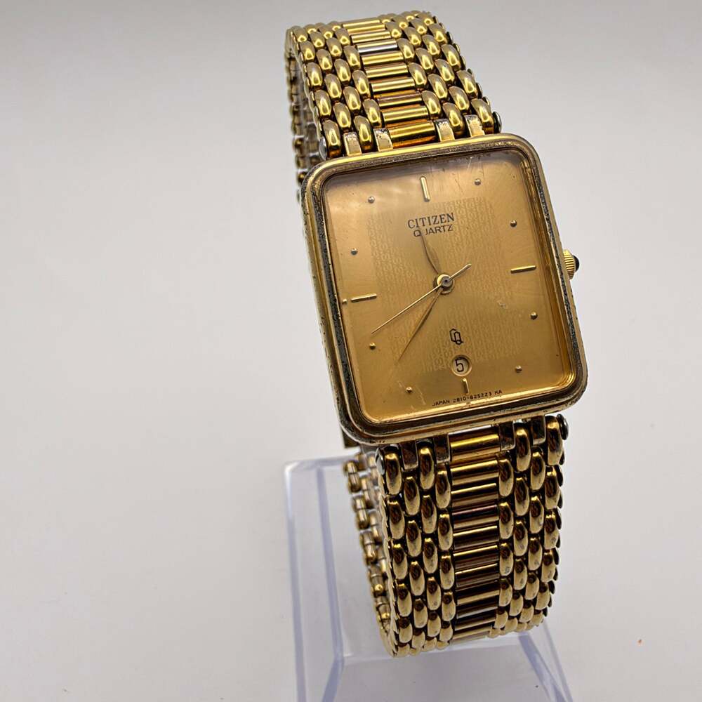 Citizen CQ Vintage Men's Tank Watch 25mm Rectangle Gold Dial Date Quartz Working